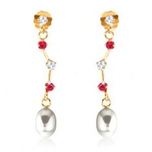Šperky eshop - Náušnice v žltom 9K zlate - rubíny a zirkón na asymetrickej paličke, oválna perla GG53.14