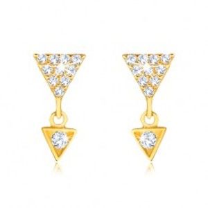 Šperky eshop - Náušnice v žltom 9K zlate - väčší a menší zirkónový trojuholník GG31.05