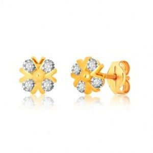 Šperky eshop - Náušnice v žltom zlate 375 - zirkónový kvet s lesklými v-líniami a guľôčkou, puzetky GG40.28