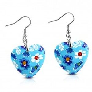 Šperky eshop - Náušnice visiace na háčikoch, modré FIMO srdiečka s kvetmi a zirkónmi AA13.18