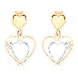 Šperky eshop - Náušnice z 9K zlata - malé ploché srdiečko, dvojitá kontúra srdca, číry zirkónik GG59.12