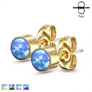 Šperky eshop - Náušnice z chirurgickej ocele - okrúhly modrý opál v objímke, puzetové zapínanie, 3 mm Q07.07 - Farba: Zlatá