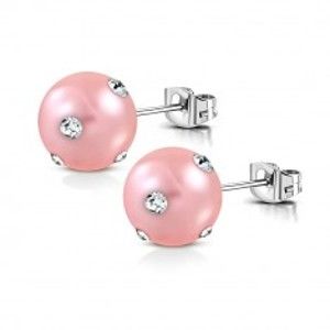 Šperky eshop - Náušnice z chirurgickej ocele - umelá akrylová perla v ružovom odtieni, zirkóny AA15.16