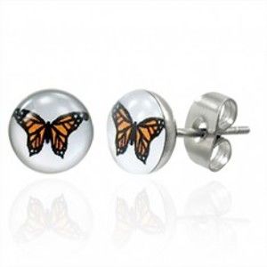 Šperky eshop - Náušnice z chirurgickej ocele s oranžovým motýľom Z43.06