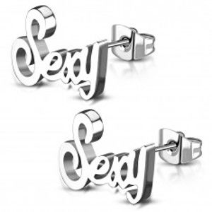 Šperky eshop - Náušnice z chirurgickej ocele striebornej farby, lesklý nápis Sexy AA07.13