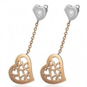 Šperky eshop - Náušnice z chirurgickej ocele, visiace srdce s výrezmi v medenom odtieni X03.20