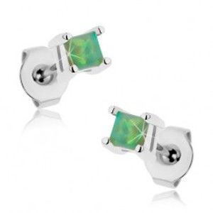 Šperky eshop - Náušnice z chirurgickej ocele, zelený štvorček - syntetický opál, 3 mm S57.25