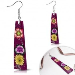 Šperky eshop - Náušnice z hmoty Fimo - fialové obdĺžniky, kvety a trblietky S16.09