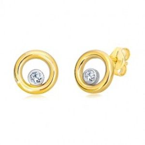 Šperky eshop - Náušnice z kombinovaného 14K zlata - úzky kruh so zirkónom v objímke GG19.35