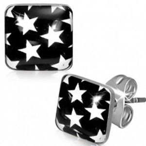 Šperky eshop - Náušnice z ocele - čierne štvorce s bielymi hviezdami S24.11