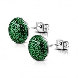 Šperky eshop - Náušnice z ocele - krúžok posiaty trblietkami zelenej farby, puzetové zapínanie AA16.17