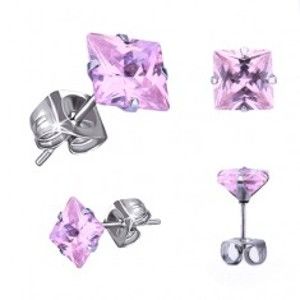 Šperky eshop - Náušnice z ocele - štvorcový ružový zirkón, puzetky AB17.05 - Veľkosť zirkónu: 3 mm