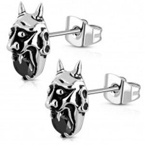 Šperky eshop - Náušnice z ocele 316L - diabol s rohami a čiernym zirkónom v ústach, patina AA19.05