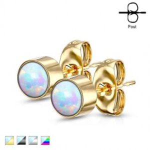 Šperky eshop - Náušnice z ocele 316L - okrúhly dúhový opál v objímke, puzetové zapínanie, 4 mm R01.02 - Farba: Zlatá