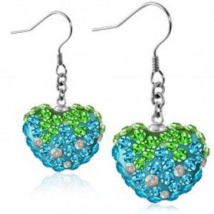 Šperky eshop - Náušnice z ocele 316L - trblietavé modro-zelené zirkónové srdce, afroháčiky S25.20