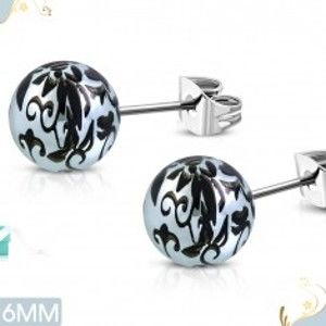 Šperky eshop - Náušnice z ocele 316L, perleťovo sivé akrylové guličky s čiernou potlačou AA19.21