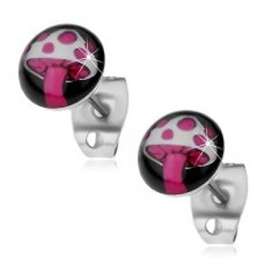 Šperky eshop - Náušnice z ocele 316L, ružovo-biela muchotrávka na čiernom kruhu X13.04