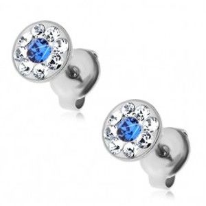 Šperky eshop - Náušnice z ocele 316L s modrým a čírymi krištálikmi Swarovski, puzetky G21.11