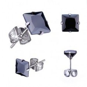 Šperky eshop - Náušnice z ocele 316L, strieborná farba, čierny zirkónový štvorec, rôzne veľkosti Z2.17 - Veľkosť zirkónu: 5 mm