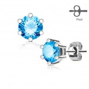 Šperky eshop - Náušnice z ocele 316L striebornej farby, okrúhly modrý zirkón v kotlíku S08.16 - Priemer: 3 mm