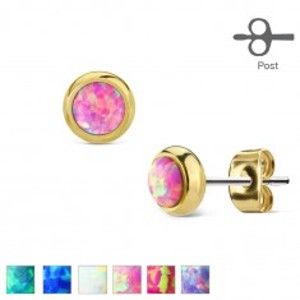 Šperky eshop - Náušnice z ocele 316L zlatej farby s okrúhlym syntetickým opálom W04.05/10 - Farba: Ružová