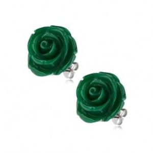 Šperky eshop - Náušnice z ocele, zelená farba, kvet ruže, puzetové zapínanie, 14 mm S77.01