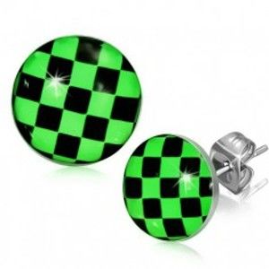 Šperky eshop - Náušnice z ocele, zeleno-čierna šachovnica S11.09