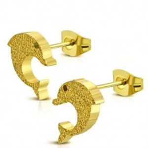 Šperky eshop - Náušnice zlatej farby z ocele - skákajúci delfín s pieskovaným povrchom SP92.19