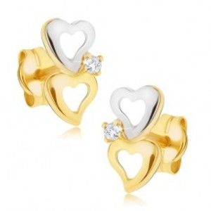 Šperky eshop - Náušnice zo 14K zlata  - dvojfarebné obrysy sŕdc, ligotavý číry diamant BT501.25