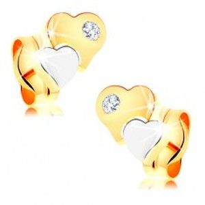 Šperky eshop - Náušnice zo 14K zlata - dvojfarebné lesklé srdiečka, číry zirkónik GG146.06