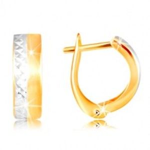 Šperky eshop - Náušnice zo 14K zlata - hladký matný pás žltej farby, brúsená línia z bieleho zlata GG217.12
