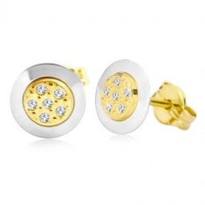 Šperky eshop - Náušnice zo 14K zlata - kruh s čírymi zirkónmi v strede, žlté a biele zlato GG20.06