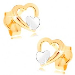 Šperky eshop - Náušnice zo 14K zlata - lesklý obrys srdca, malé ploché srdiečko v bielom zlate GG148.10