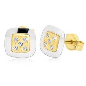 Šperky eshop - Náušnice zo 14K zlata - štvorec s čírymi zirkónmi v strede, žlté a biele zlato GG20.07