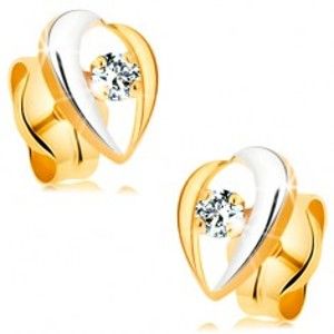 Šperky eshop - Náušnice zo 14K zlata - zahnuté línie lemujúce číry diamant, dvojfarebné BT177.17