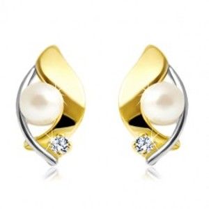 Šperky eshop - Náušnice zo 14K zlata, dvojfarebné zrnko, biela perla a číry zirkón GG21.38