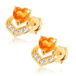 Šperky eshop - Náušnice zo 14K žltého zlata - dve prekrývajúce sa srdcia, žltý citrín GG89.15