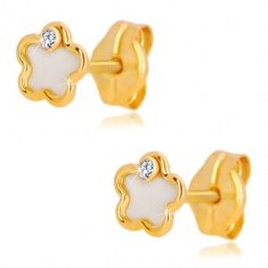 Šperky eshop - Náušnice zo 14K žltého zlata - kvet s prírodnou perleťou a zirkónom GG36.15