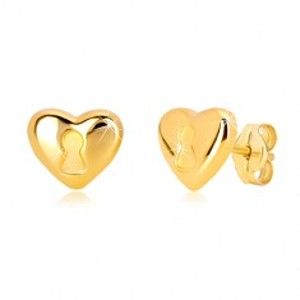 Šperky eshop - Náušnice zo 14K žltého zlata - srdce s kľúčovou dierkou, puzetové zapínanie GG36.39