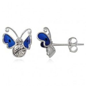 Šperky eshop - Náušnice zo striebra 925 - modrý lietajúci motýľ so zirkónmi T18.6