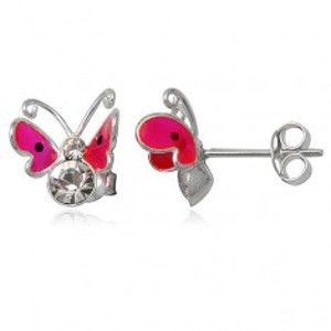 Šperky eshop - Náušnice zo striebra 925 - ružový lietajúci motýľ, dva zirkóny T18.4