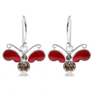 Šperky eshop - Náušnice zo striebra 925, motýľ - červené polopriesvitné krídla, číre zirkóny I26.28
