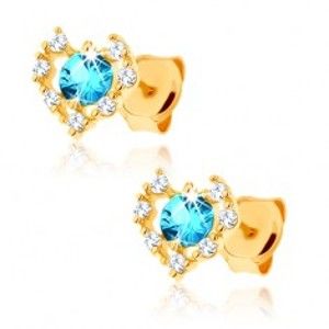 Šperky eshop - Náušnice zo žltého 14K zlata - číry zirkónový obrys srdca, modrý topás GG89.11