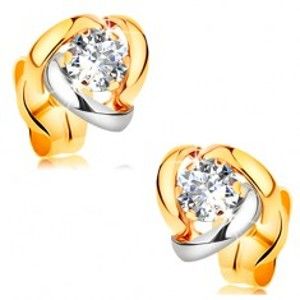 Šperky eshop - Náušnice zo žltého 14K zlata - dvojfarebné oblúky lemujúce číry zirkón GG177.30