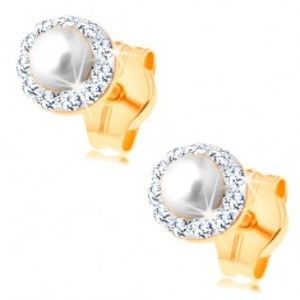 Šperky eshop - Náušnice zo žltého 14K zlata - guľatá biela perlička s čírym trblietavým lemom GG147.10