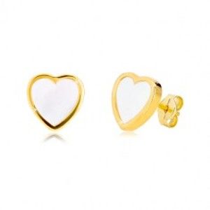 Šperky eshop - Náušnice zo žltého 14K zlata - kontúra symetrického srdca s prírodnou perleťou GG37.30