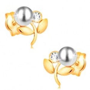 Šperky eshop - Náušnice zo žltého 14K zlata - kvietok s bielou perlou a čírym zirkónom GG16.07