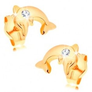 Šperky eshop - Náušnice zo žltého 14K zlata - lesklý delfín vo výskoku, číry zirkónik GG148.04