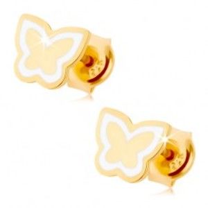 Šperky eshop - Náušnice zo žltého 14K zlata - lesklý plochý motýlik, kontúra z bielej glazúry GG87.15