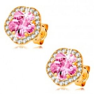 Šperky eshop - Náušnice zo žltého 14K zlata - ligotavý ružovo-číry zirkónový kvet GG204.28
